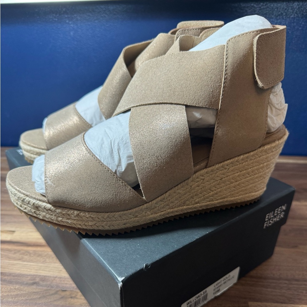 NWT Eileen Fisher Willow Espadrille Wedge Sandals Sz 10 Metallic Gold